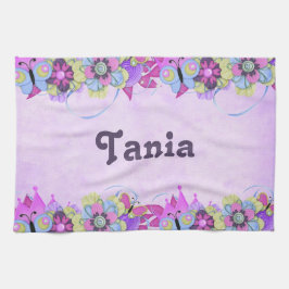 Schattigee bloemen en vlinders op paarse theedoek