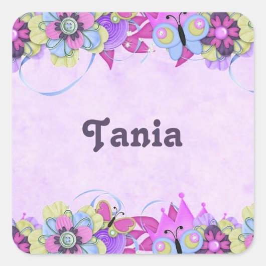 Schattigee bloemen en vlinders op paarse vierkante sticker (Voorkant)