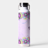 Schattigee bloemen en vlinders op paarse waterfles (Voorkant)