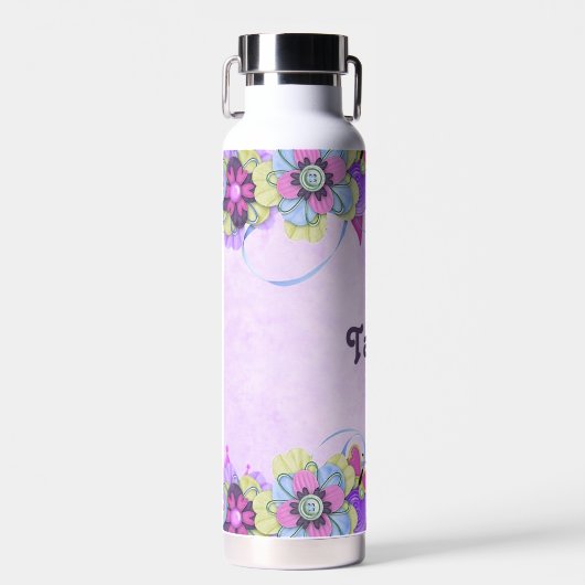 Schattigee bloemen en vlinders op paarse waterfles (Voorkant)