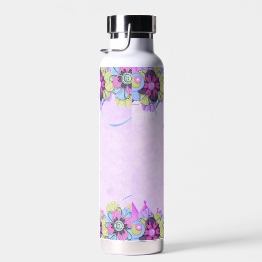 Schattigee bloemen en vlinders op paarse waterfles (Rechts)