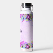 Schattigee bloemen en vlinders op paarse waterfles (Achterkant)