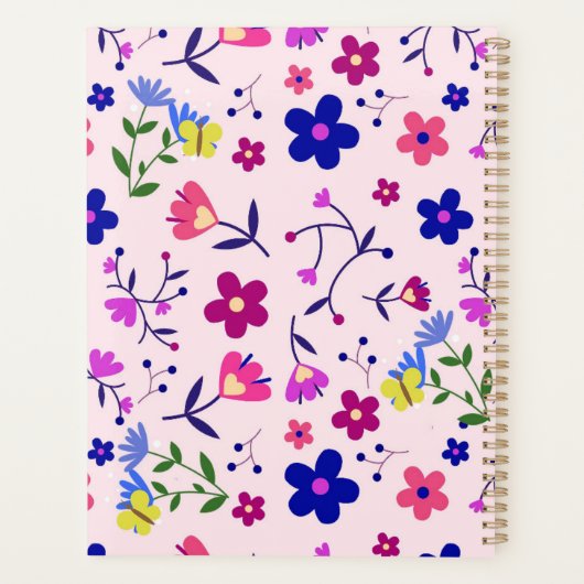 Schattigee bloemen en vlinders op roze planner (Achterkant)