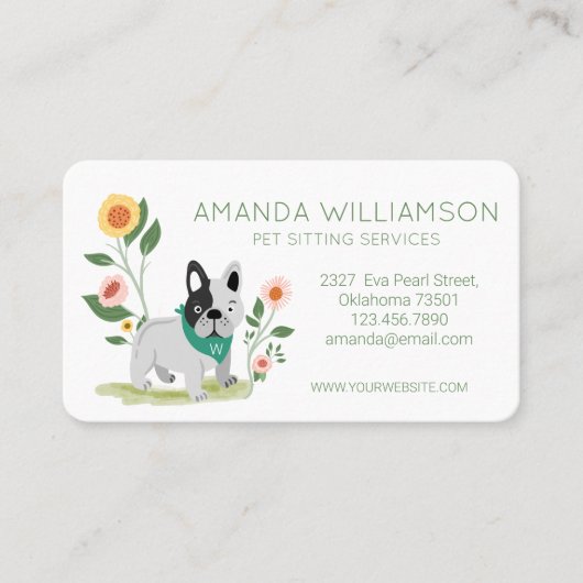 Schattigee Bloemen Franse Bulldog Pet Care Service Visitekaartje (Voorkant)