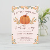 Schattigee Bloemen Herfst Pompoen Roze Baby shower Kaart (Staand voorkant)