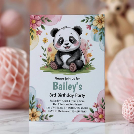 Schattigee Bloemen Kinder Panda 3e Verjaardagsfees Kaart