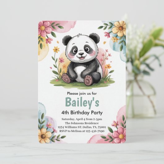Schattigee Bloemen Kinder Panda 4e Verjaardagsfees Kaart (Staand voorkant)