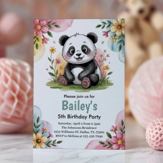 Schattigee Bloemen Kinder Panda 5e Verjaardagsfees Kaart