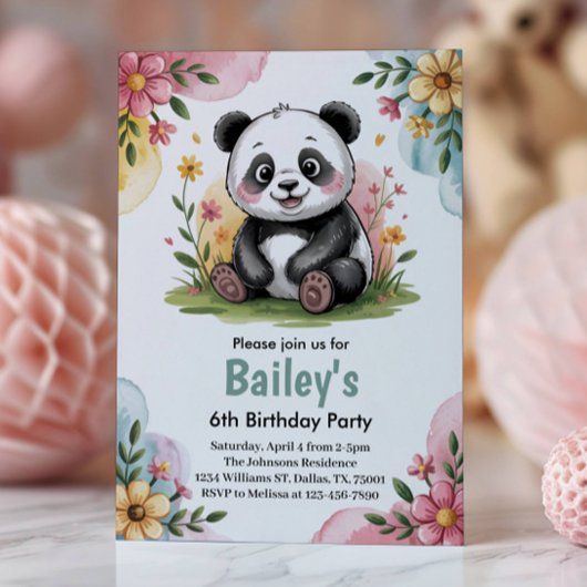 Schattigee Bloemen Kinder Panda 6e Verjaardagsfees Kaart