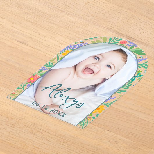 Schattigee Bloemen Kleurrijk Voeg Foto Geboorteaan Acryl Uitnodigingen (Laagn)