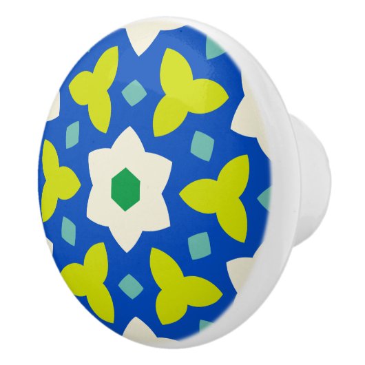 Schattigee bloemen op blauwe en groene geometrisch keramische knop (Rechts)