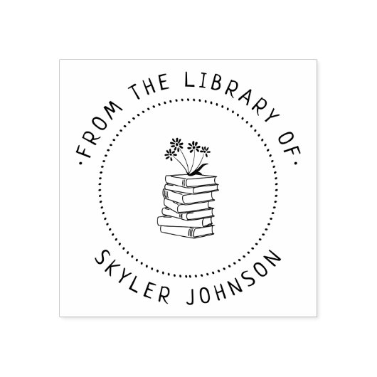 Schattigee bloemen op stapel boeken Custom Library Rubberstempel (Afrduk)