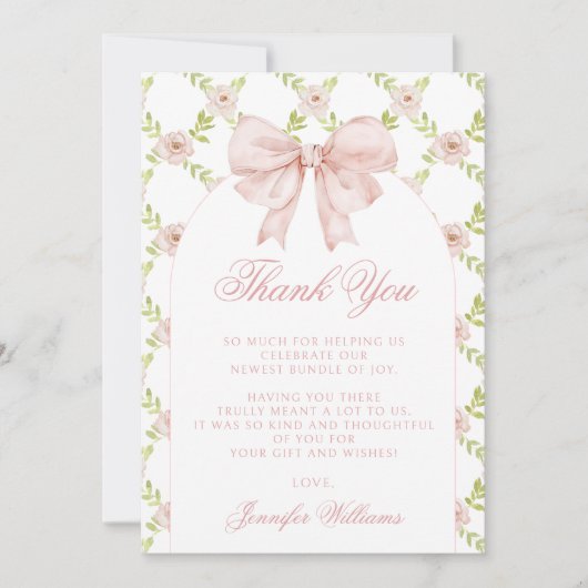 Schattigee Bloemen Roze Bow Shabby Chic Baby Meisj Bedankkaart (Voorkant)
