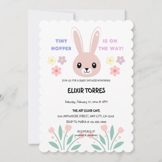 Schattigee Bloemen Tiny Hopper Bunny Baby shower Kaart (Voorkant)