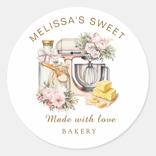 Schattigee Bloemencake Mixer Ingrediënten Bakkerij Ronde Sticker (Voorkant)