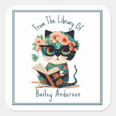 Schattigee Bloemenkat met bril en boekenplank Vierkante Sticker (Voorkant)