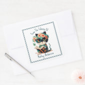 Schattigee Bloemenkat met bril en boekenplank Vierkante Sticker (Envelop)
