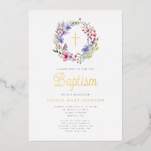 Schattigee Bloemenkrans Religieus Meisje Doop Goud Folie Uitnodiging (Voorkant)