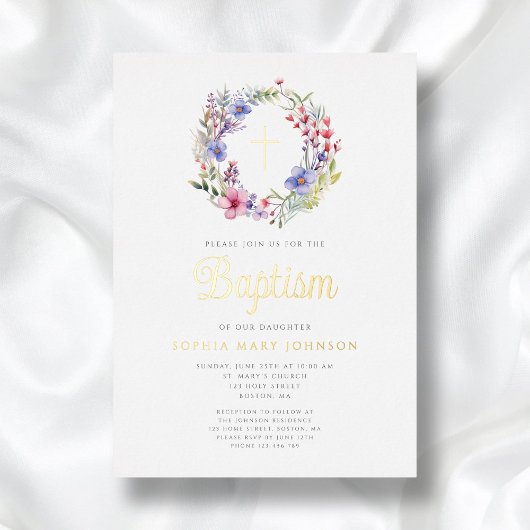 Schattigee Bloemenkrans Religieus Meisje Doop Goud Folie Uitnodiging