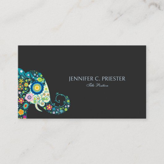 Schattigee bloemenolifant op donkergrijs visitekaartje (Voorkant)