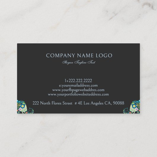 Schattigee bloemenolifant op donkergrijs visitekaartje (Achterkant)