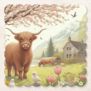 Schattigee, bloemenrijke / voorjaar Highland koe Kartonnen Onderzetters