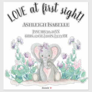 Schattigee Bloementuin Baby Olifant Meisje Geboort Sticker