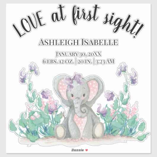 Schattigee Bloementuin Baby Olifant Meisje Geboort Sticker (Vel)