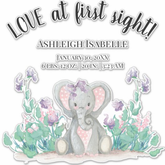 Schattigee Bloementuin Baby Olifant Meisje Geboort Sticker (Voorkant)