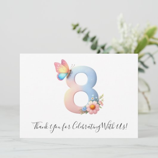 Schattigee Bloemenvlinder Achtste Verjaardag Dank  Bedankkaart (Staand voorkant)