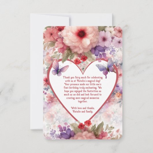 Schattigee Bloemenvlinder Tuinfee Eerste Verjaarda Bedankkaart (Achterkant)