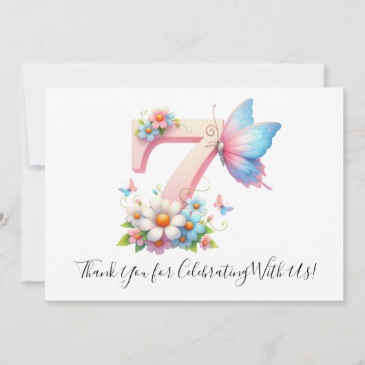 Schattigee Bloemenvlinder Zevende Verjaardag Dank  Bedankkaart (Voorkant)