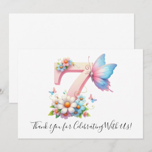 Schattigee Bloemenvlinder Zevende Verjaardag Dank Bedankkaart (Voorkant / Achterkant)