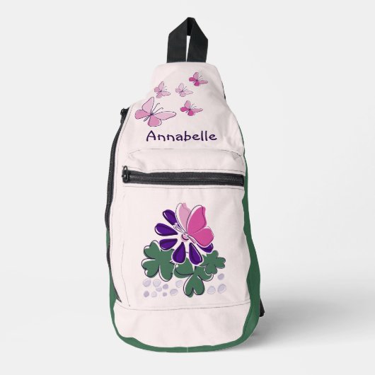 Schattigee Bloemenvlinders Doodle Naam Sling Bag (Voorkant)