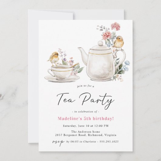 Schattigee bloemige theepot | Meisjes Tea Party Ve Kaart (Voorkant)