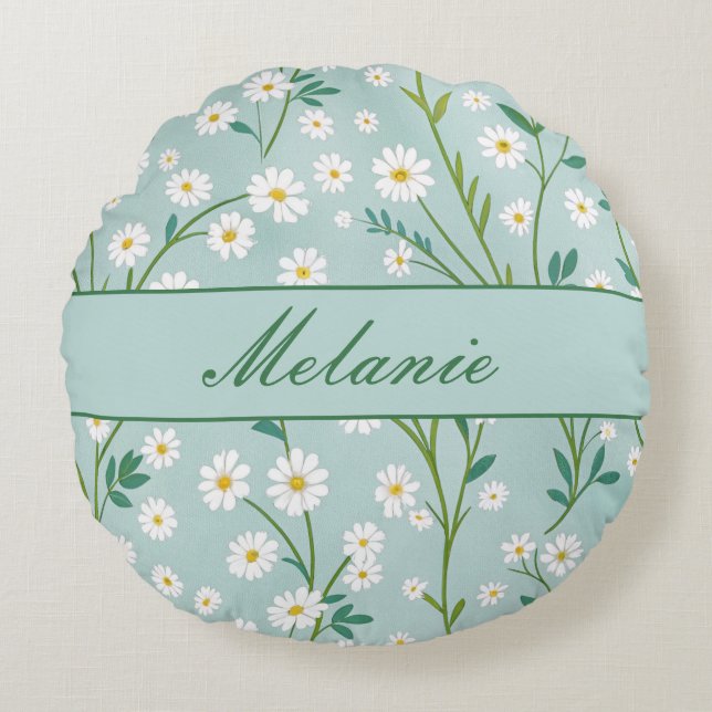 Schattigee Bloemlente Daisy Green gepersonaliseerd Rond Kussen (Voorkant)