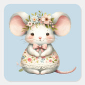 Schattigee Bloemmuis Jurk Bloemkroon Vierkante Sticker (Voorkant)