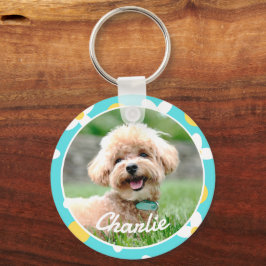 Schattigee Bloempatroon Gepersonaliseerde Pet Foto Sleutelhanger
