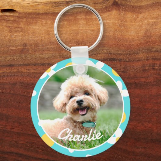 Schattigee Bloempatroon Gepersonaliseerde Pet Foto Sleutelhanger (Voorkant)