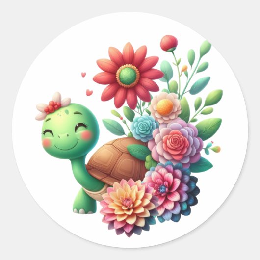 Schattigee bloemschildpad ronde sticker (Voorkant)