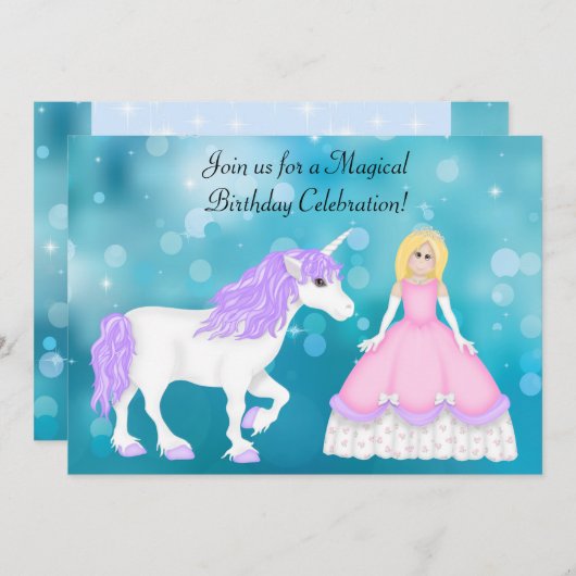Schattigee Blond Prinses en Eenhoorn Verjaardag Kaart (Voorkant / Achterkant)