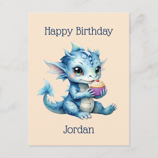 Schattigee Blue Baby Dragon Eet een Cupcake Briefkaart (Voorkant)