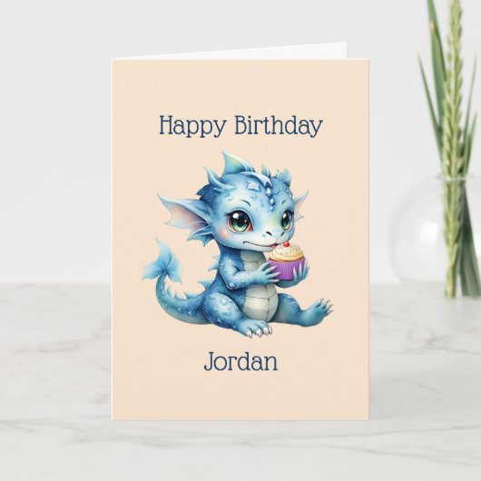 Schattigee Blue Baby Dragon Eet een Cupcake Kaart (Voorkant)