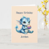 Schattigee Blue Baby Dragon Eet een Cupcake Kaart (Gele Bloem)