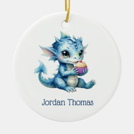 Schattigee Blue Baby Dragon Eet een Cupcake Keramisch Ornament