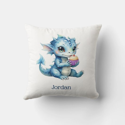 Schattigee Blue Baby Dragon Eet een Cupcake Kussen (Achterkant)