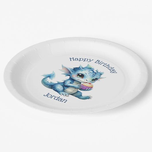 Schattigee Blue Baby Dragon Eet een Cupcake Papieren Bordje (Gekanteld)