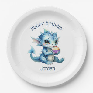 Schattigee Blue Baby Dragon Eet een Cupcake Papieren Bordje