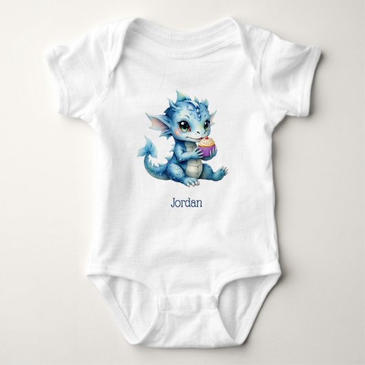 Schattigee Blue Baby Dragon Eet een Cupcake Romper (Voorkant)