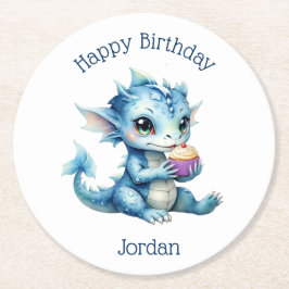 Schattigee Blue Baby Dragon Eet een Cupcake Ronde Kartonnen Onderzetter